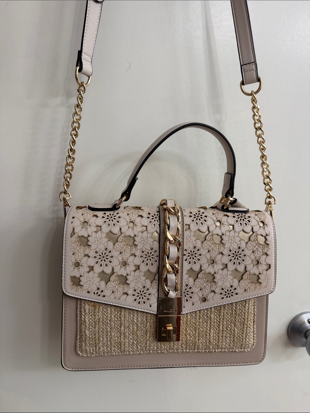 Aldo Beige Floral Laser-Cut Top-Handle Satchel with Chain Accent